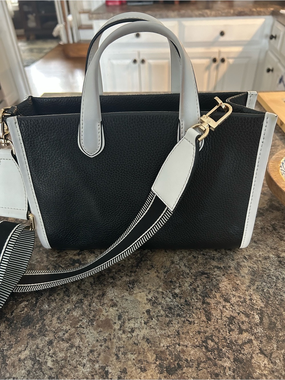 Michael Kors Black and White Logo Satchel with Striped Strap - Picture 2 of 4